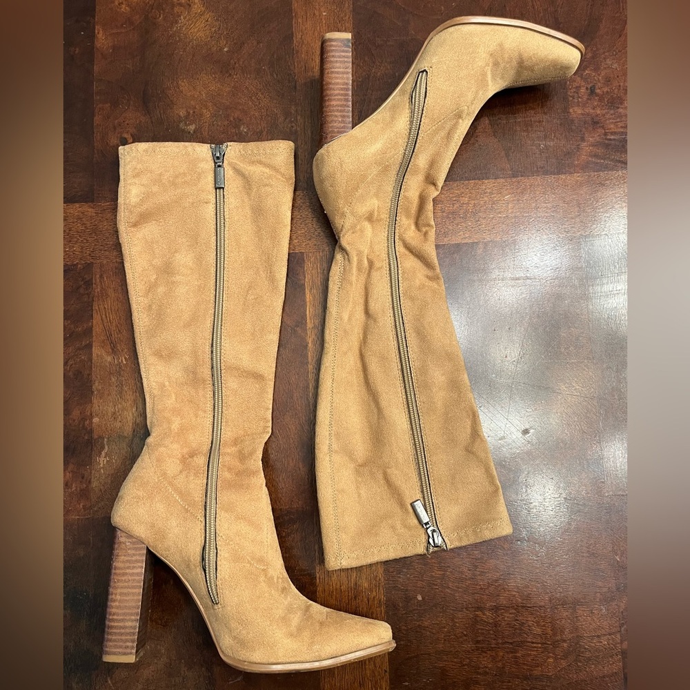 Womens Tan Mid Calf Heeled Boots Vintage 90s Candies Faux Leather